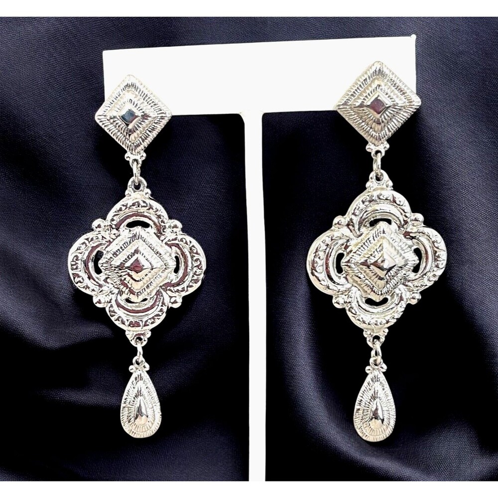 New Silver Tone Earrings Long Textured Dangle - 8S